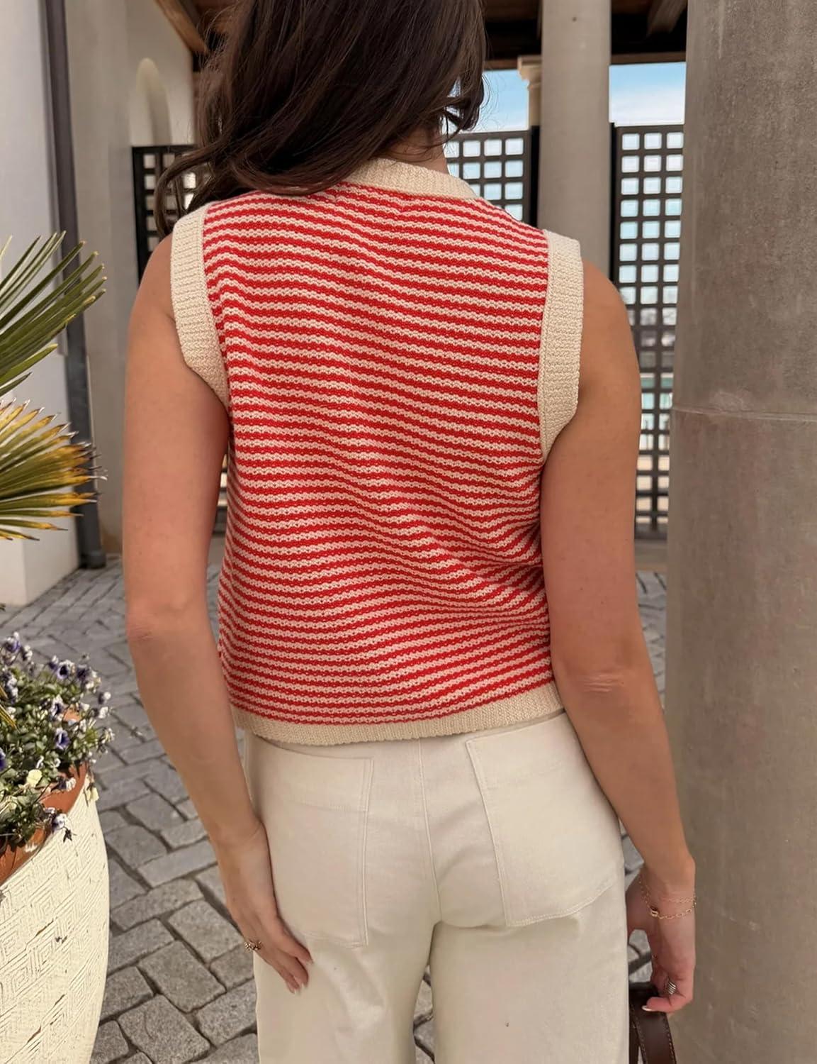 imageSpringrain Womens Striped Sweater Vest Sleeveless Button Down Knit Ribbed Color Block Knit Tank Top PulloverRed