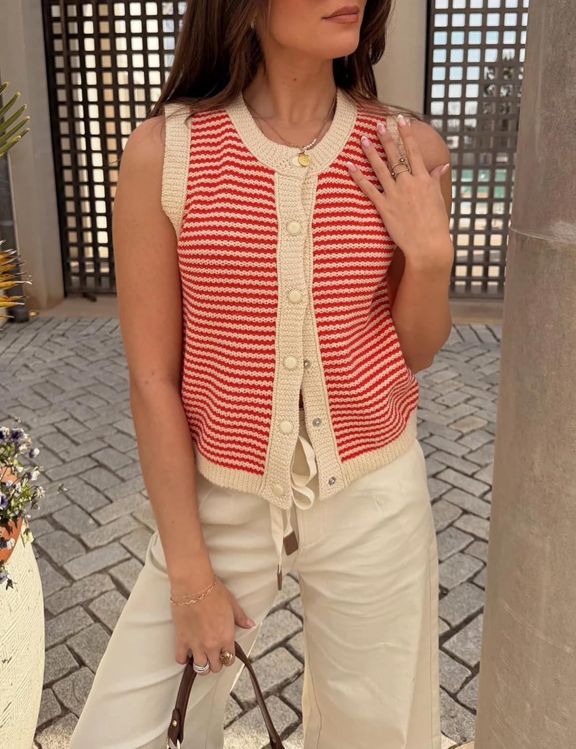 imageSpringrain Womens Striped Sweater Vest Sleeveless Button Down Knit Ribbed Color Block Knit Tank Top PulloverRed