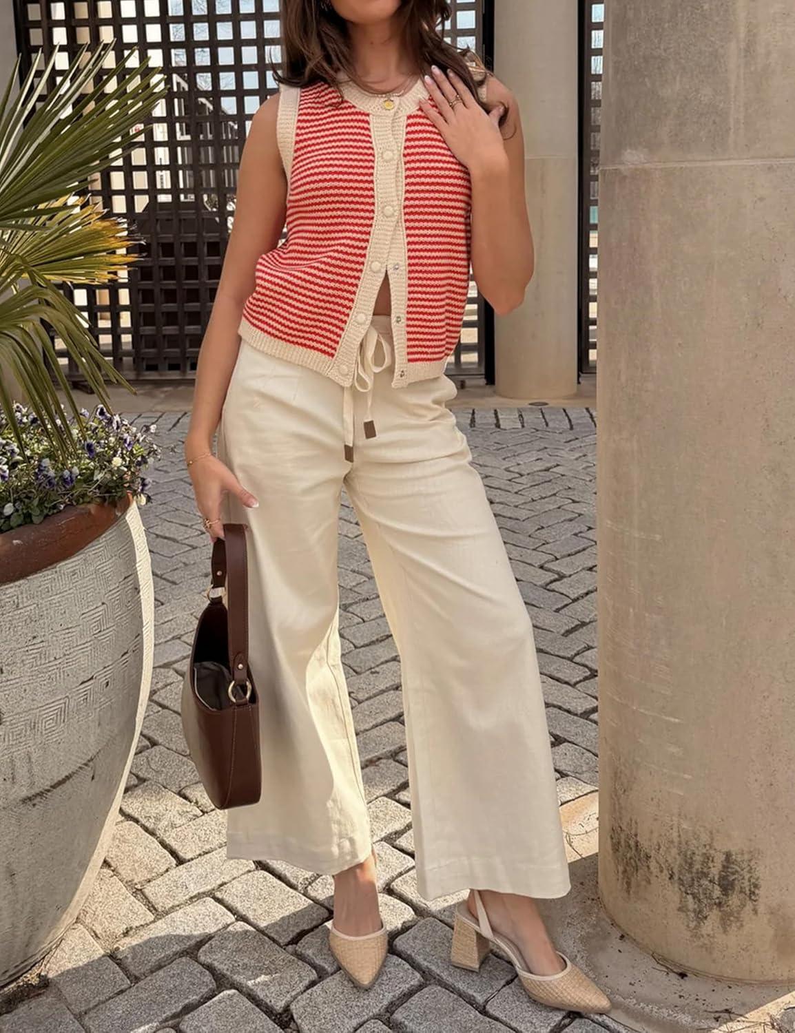 imageSpringrain Womens Striped Sweater Vest Sleeveless Button Down Knit Ribbed Color Block Knit Tank Top PulloverRed