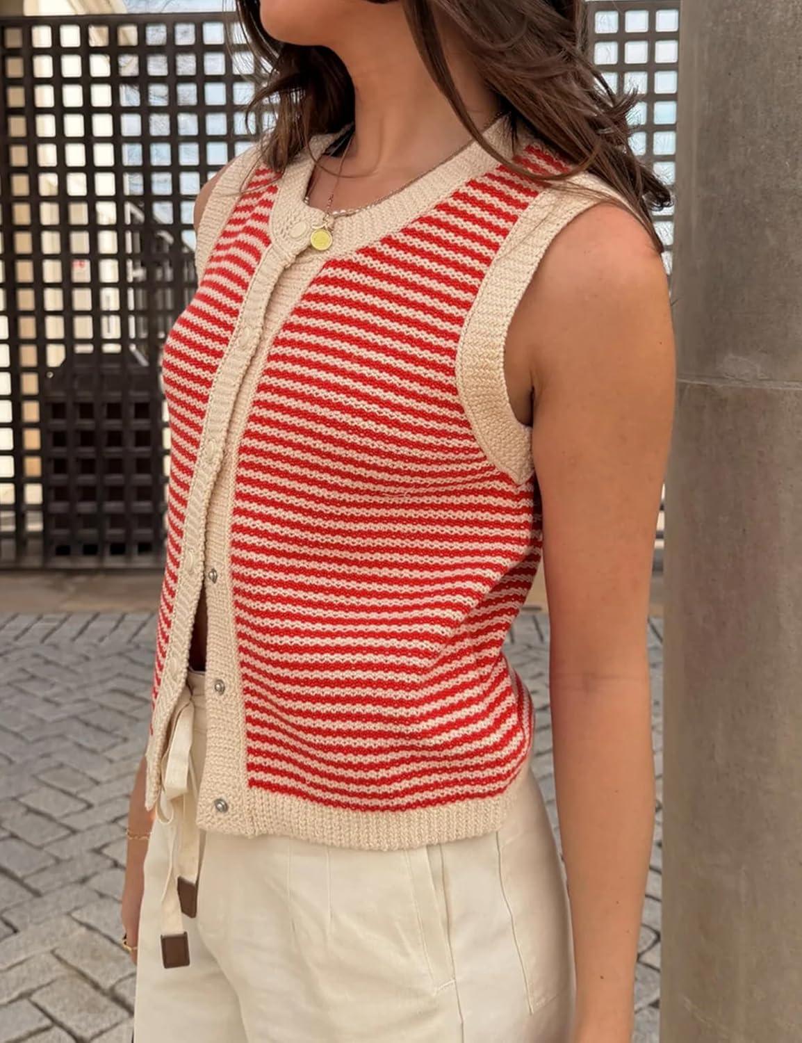 imageSpringrain Womens Striped Sweater Vest Sleeveless Button Down Knit Ribbed Color Block Knit Tank Top PulloverRed