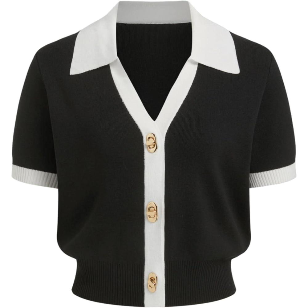 imageSpringrain Womens Colorblock Polo Sweater Short Sleeve Button Summer Cardigan V Neck Cropped Knit TopBlack