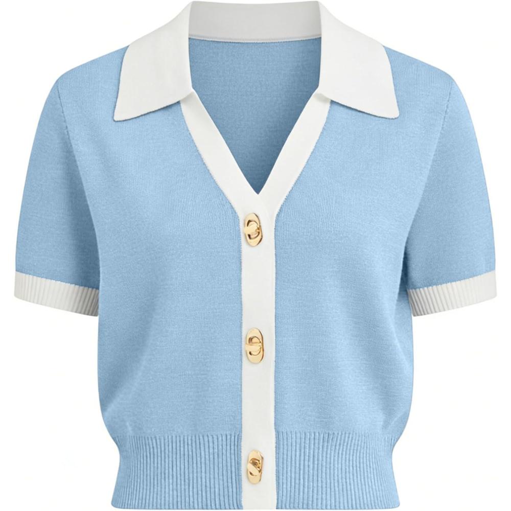 imageSpringrain Womens Colorblock Polo Sweater Short Sleeve Button Summer Cardigan V Neck Cropped Knit TopBlue