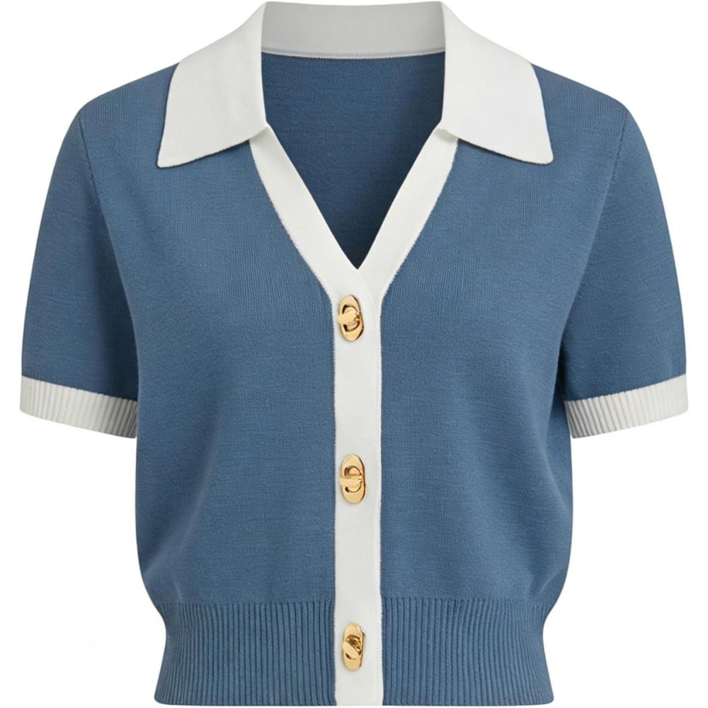 imageSpringrain Womens Colorblock Polo Sweater Short Sleeve Button Summer Cardigan V Neck Cropped Knit TopBluegrey
