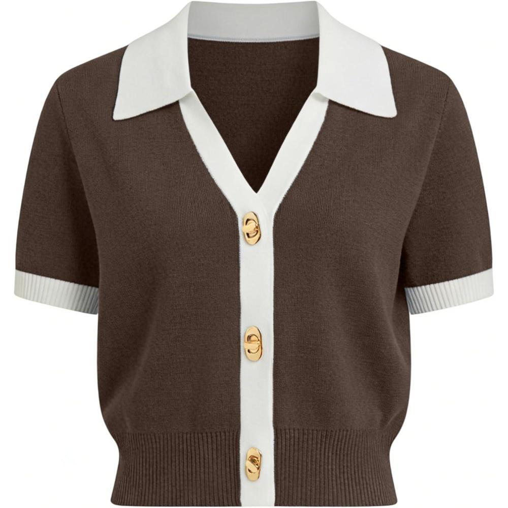 imageSpringrain Womens Colorblock Polo Sweater Short Sleeve Button Summer Cardigan V Neck Cropped Knit TopCoffee