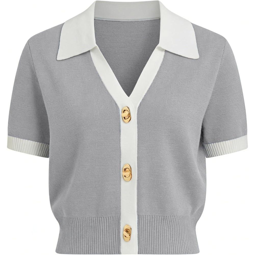 imageSpringrain Womens Colorblock Polo Sweater Short Sleeve Button Summer Cardigan V Neck Cropped Knit TopGrey