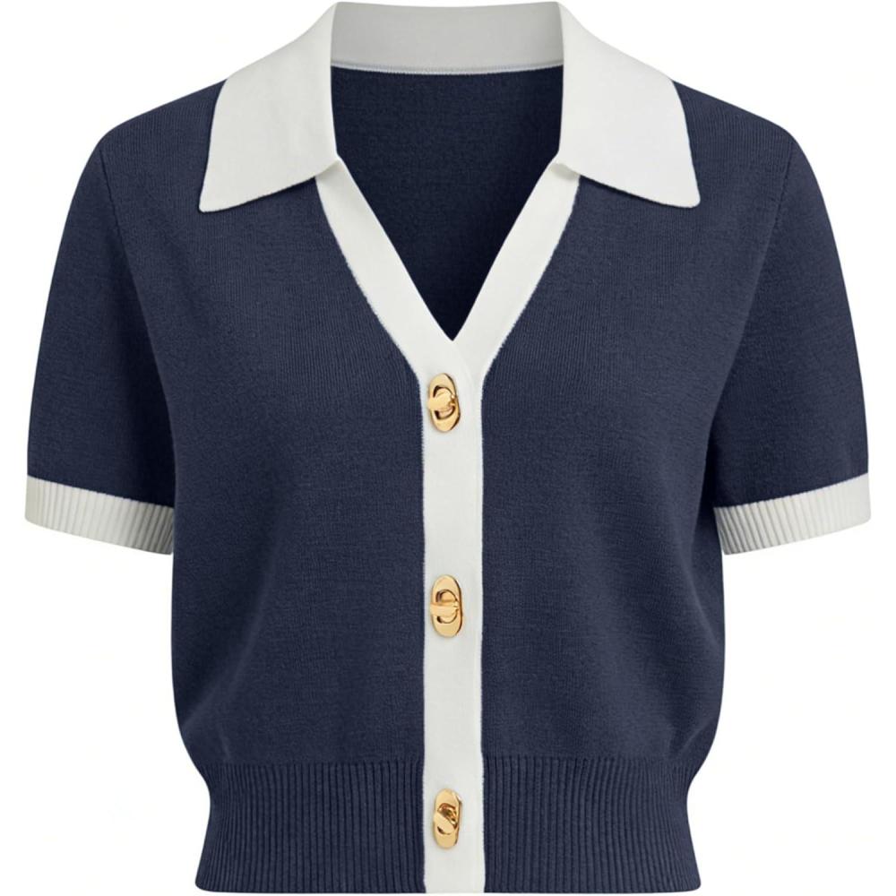 imageSpringrain Womens Colorblock Polo Sweater Short Sleeve Button Summer Cardigan V Neck Cropped Knit TopNavy