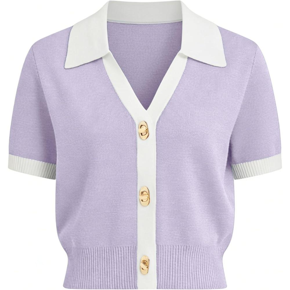 imageSpringrain Womens Colorblock Polo Sweater Short Sleeve Button Summer Cardigan V Neck Cropped Knit TopPurple