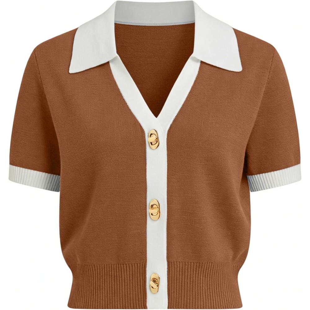 imageSpringrain Womens Colorblock Polo Sweater Short Sleeve Button Summer Cardigan V Neck Cropped Knit TopRust
