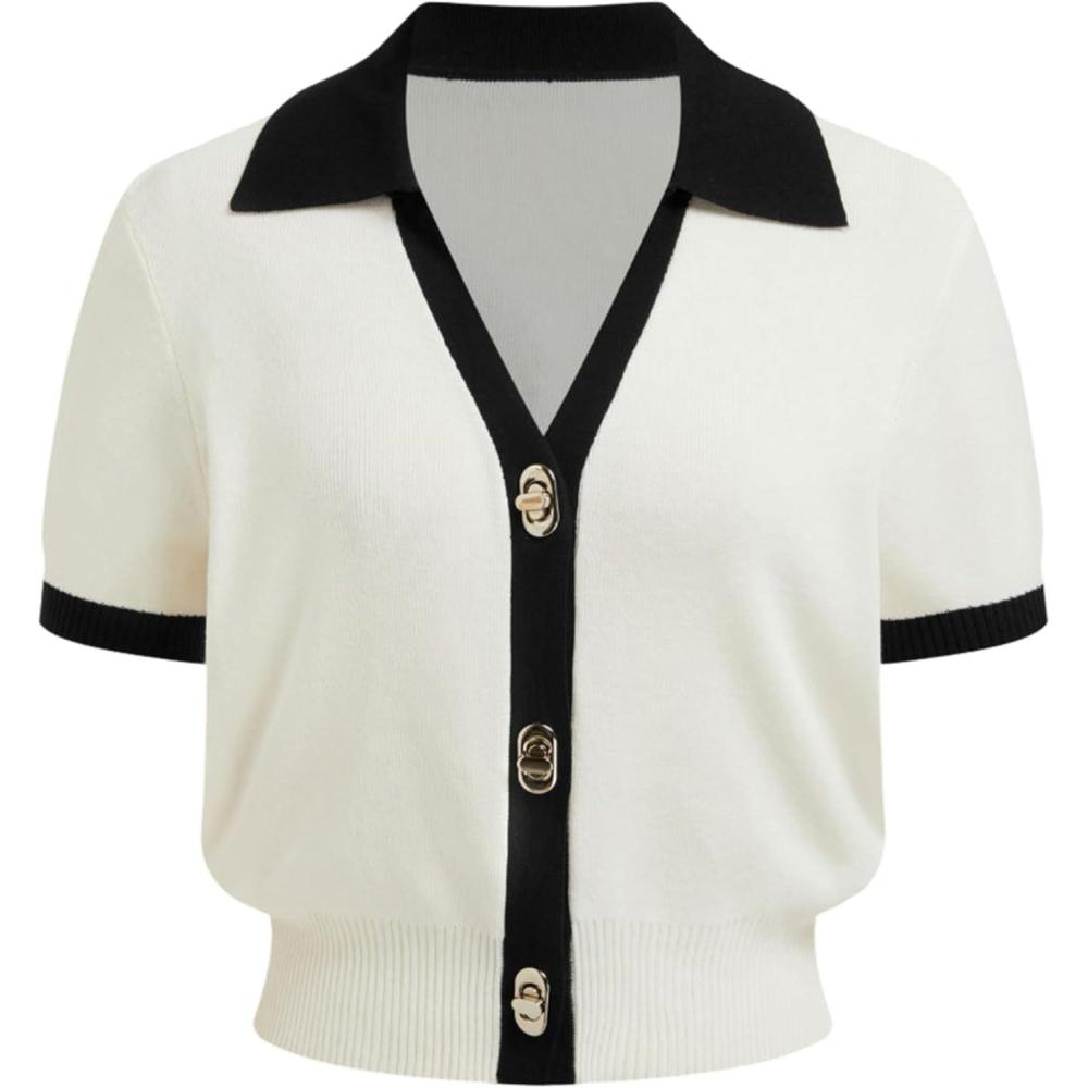 imageSpringrain Womens Colorblock Polo Sweater Short Sleeve Button Summer Cardigan V Neck Cropped Knit TopWhite