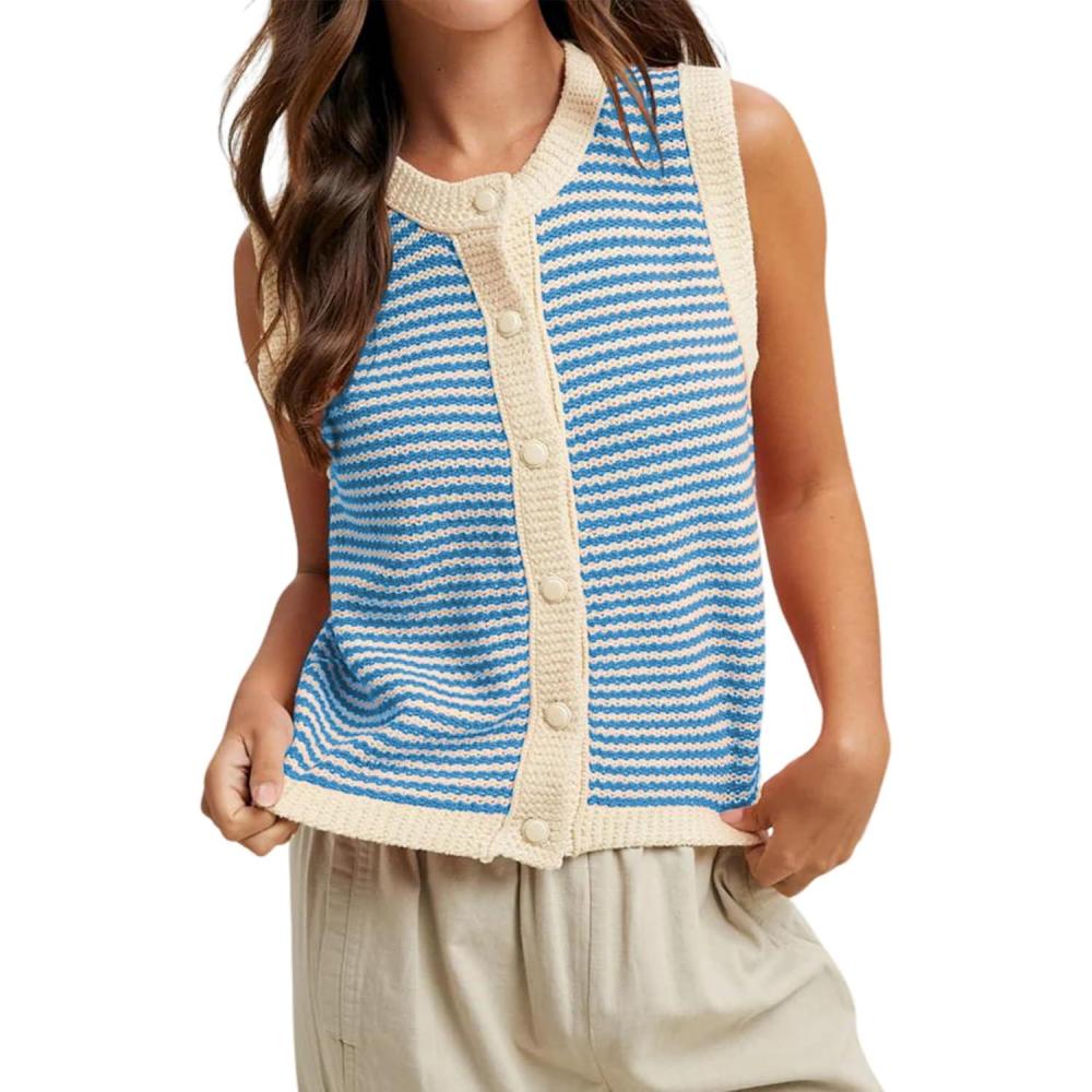 imageSpringrain Womens Striped Sweater Vest Sleeveless Button Down Knit Ribbed Color Block Knit Tank Top PulloverBlue