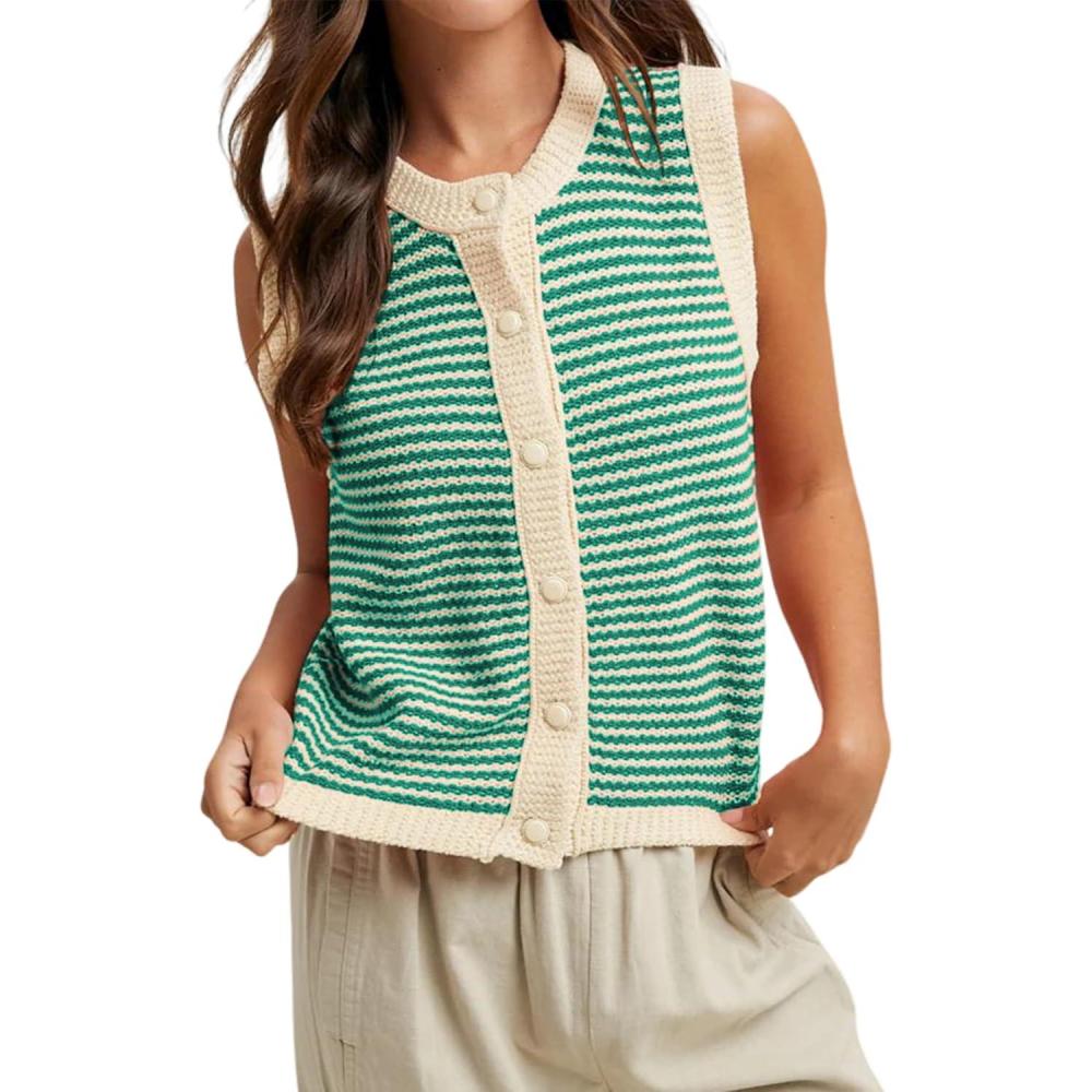 imageSpringrain Womens Striped Sweater Vest Sleeveless Button Down Knit Ribbed Color Block Knit Tank Top PulloverGreen