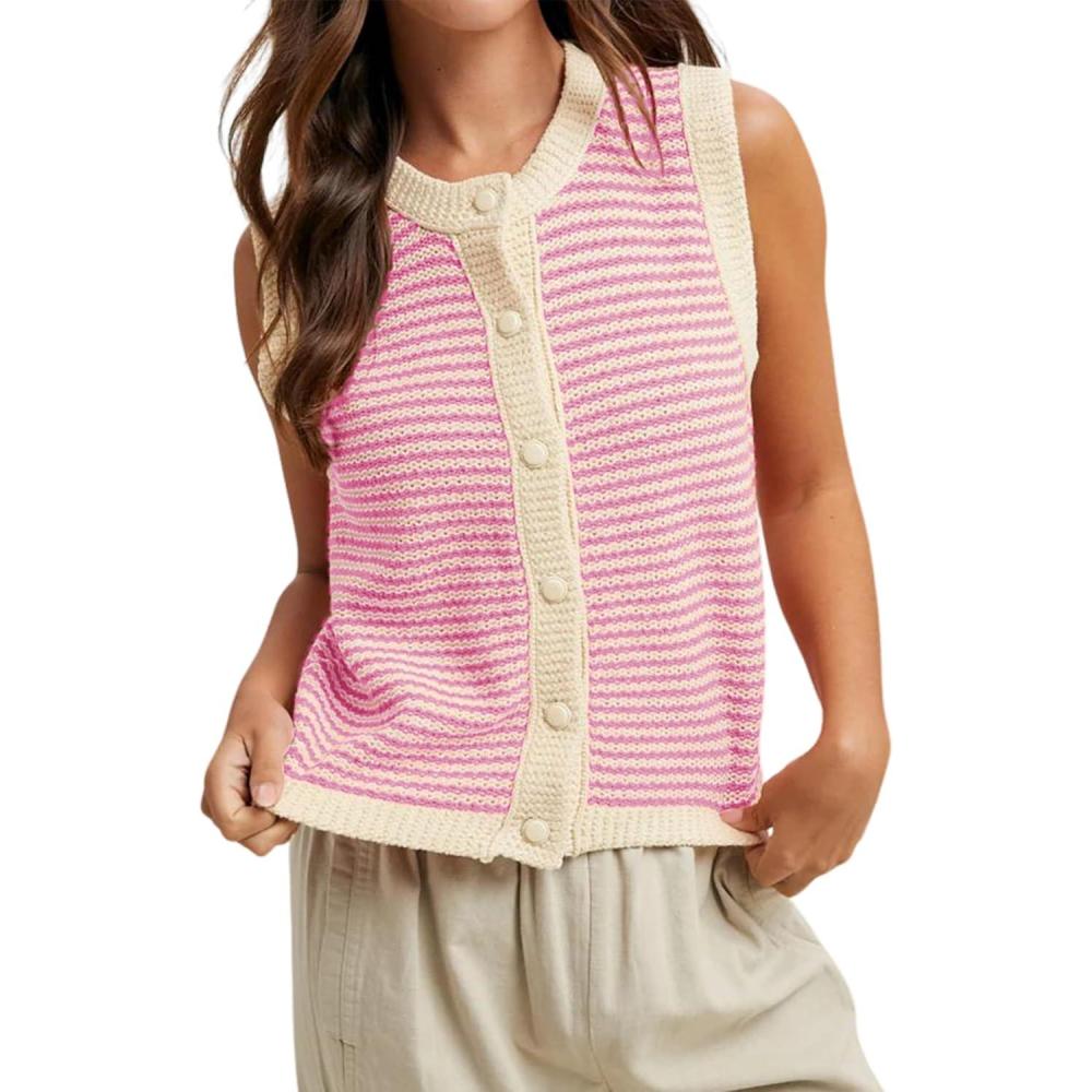 imageSpringrain Womens Striped Sweater Vest Sleeveless Button Down Knit Ribbed Color Block Knit Tank Top PulloverPink