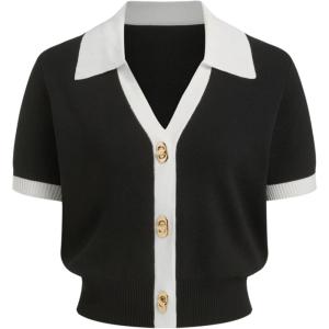 Springrain Women’s Colorblock Polo Sweater Short Sleeve Button Summer Cardigan V Neck Cropped Knit Top(Black)