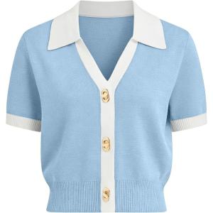 Springrain Women’s Colorblock Polo Sweater Short Sleeve Button Summer Cardigan V Neck Cropped Knit Top(Blue)