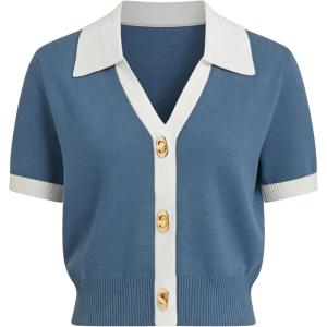 Springrain Women’s Colorblock Polo Sweater Short Sleeve Button Summer Cardigan V Neck Cropped Knit Top(Bluegrey)