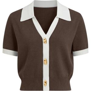 Springrain Women’s Colorblock Polo Sweater Short Sleeve Button Summer Cardigan V Neck Cropped Knit Top(Coffee)
