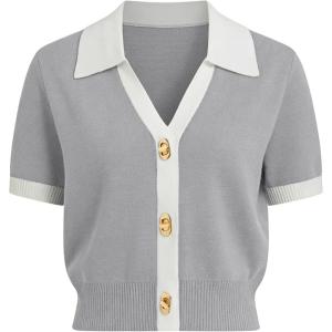 Springrain Women’s Colorblock Polo Sweater Short Sleeve Button Summer Cardigan V Neck Cropped Knit Top(Grey)