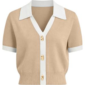 Springrain Women’s Colorblock Polo Sweater Short Sleeve Button Summer Cardigan V Neck Cropped Knit Top(Khaki)