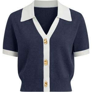 Springrain Women’s Colorblock Polo Sweater Short Sleeve Button Summer Cardigan V Neck Cropped Knit Top(Navy)