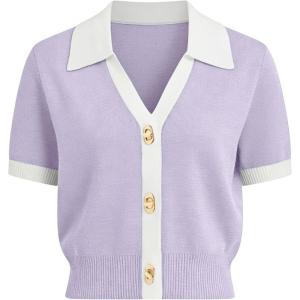 Springrain Women’s Colorblock Polo Sweater Short Sleeve Button Summer Cardigan V Neck Cropped Knit Top(Purple)