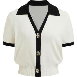 Springrain Women’s Colorblock Polo Sweater Short Sleeve Button Summer Cardigan V Neck Cropped Knit Top(White)