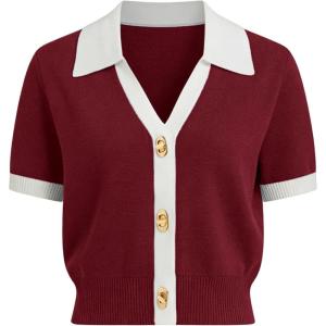 Springrain Women’s Colorblock Polo Sweater Short Sleeve Button Summer Cardigan V Neck Cropped Knit Top(Winered)