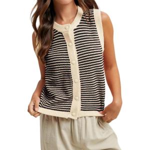 Springrain Women’s Striped Sweater Vest Sleeveless Button Down Knit Ribbed Color Block Knit Tank Top Pullover(Black)