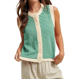 Springrain Women’s Striped Sweater Vest Sleeveless Button Down Knit Ribbed Color Block Knit Tank Top Pullover(Green)