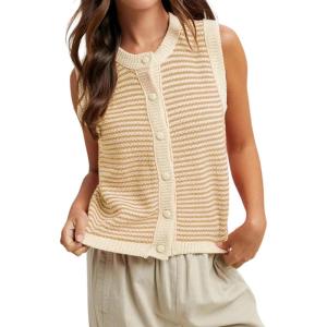 Springrain Women’s Striped Sweater Vest Sleeveless Button Down Knit Ribbed Color Block Knit Tank Top Pullover(Khaki)