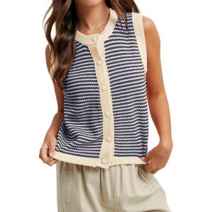 Springrain Women’s Striped Sweater Vest Sleeveless Button Down Knit Ribbed Color Block Knit Tank Top Pullover(Navy)