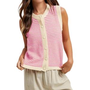 Springrain Women’s Striped Sweater Vest Sleeveless Button Down Knit Ribbed Color Block Knit Tank Top Pullover(Pink)