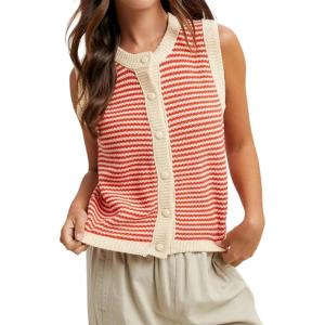 Springrain Women’s Striped Sweater Vest Sleeveless Button Down Knit Ribbed Color Block Knit Tank Top Pullover(Red)