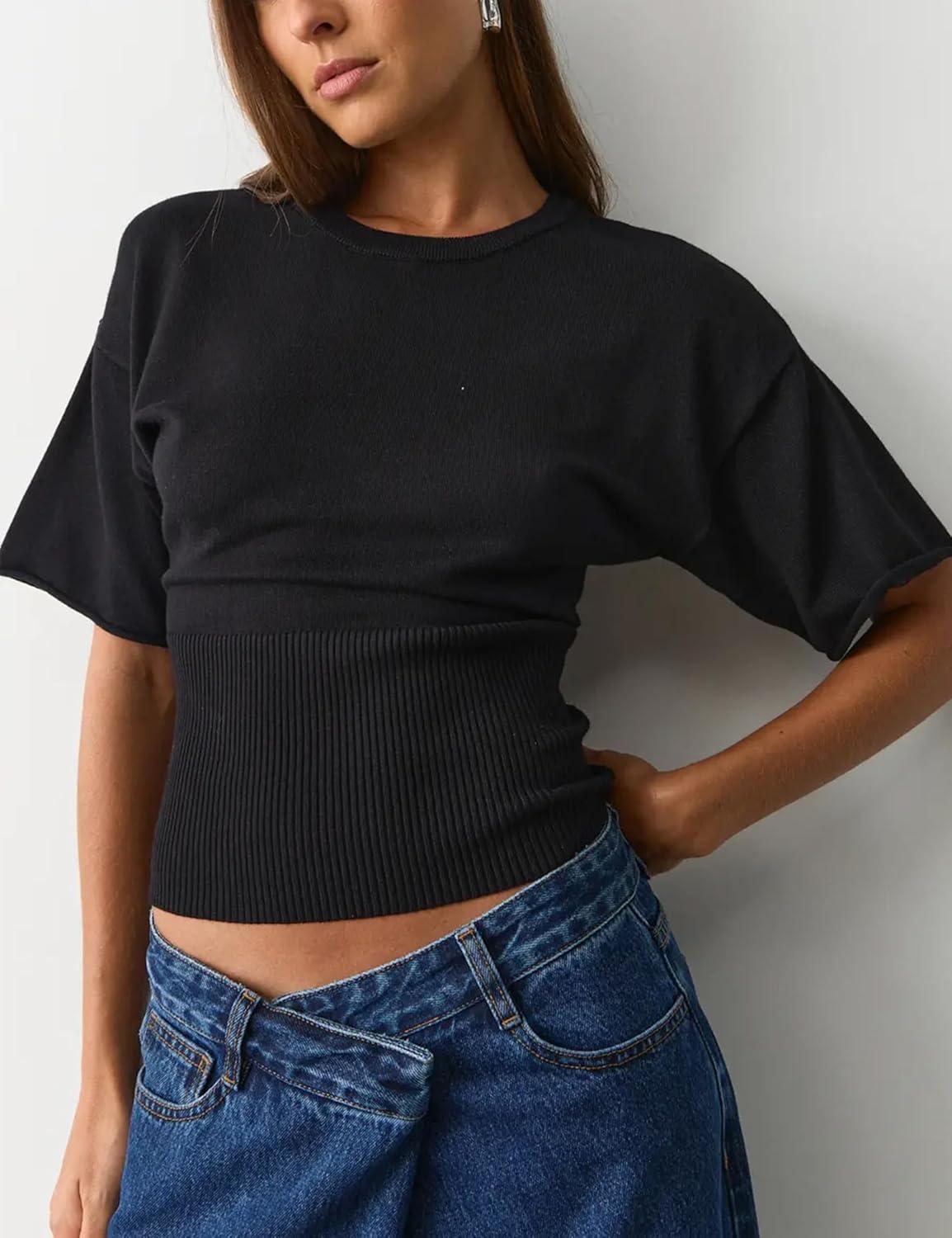imageSpringrain Womens Short Sleeve Summer Knit Top Crewneck Rib Cinched Waist Pullover SweaterBlack