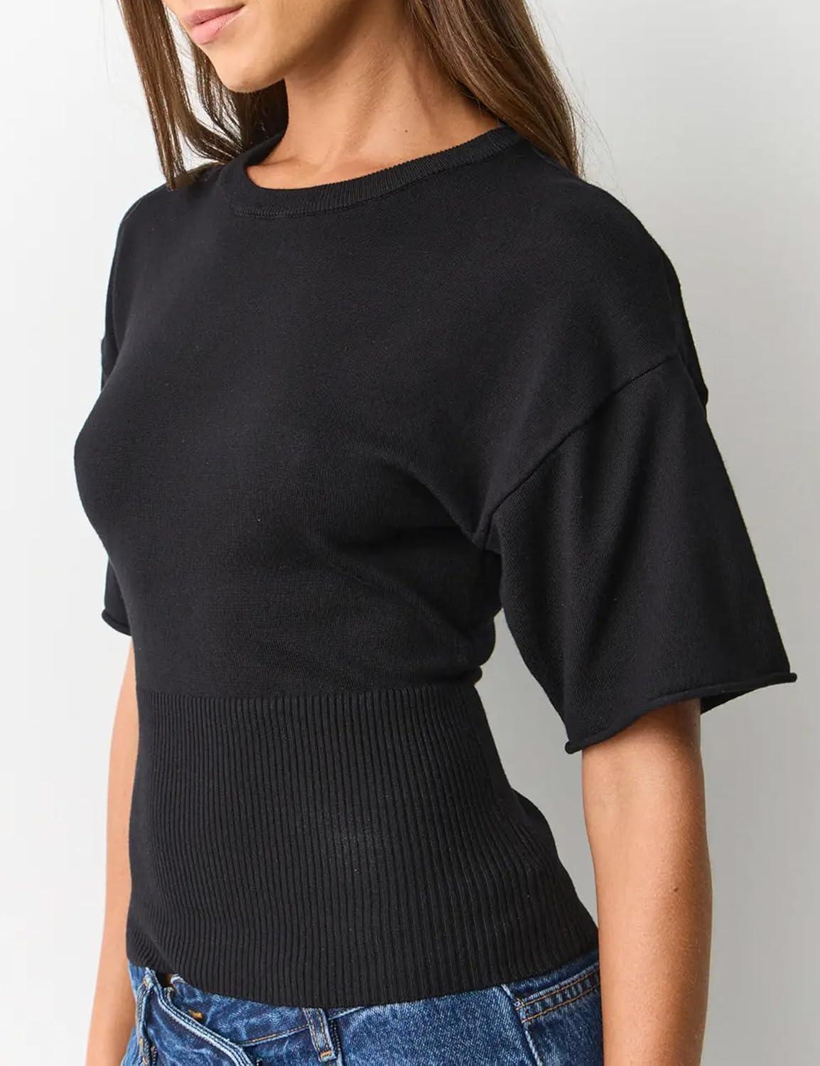 imageSpringrain Womens Short Sleeve Summer Knit Top Crewneck Rib Cinched Waist Pullover SweaterBlack