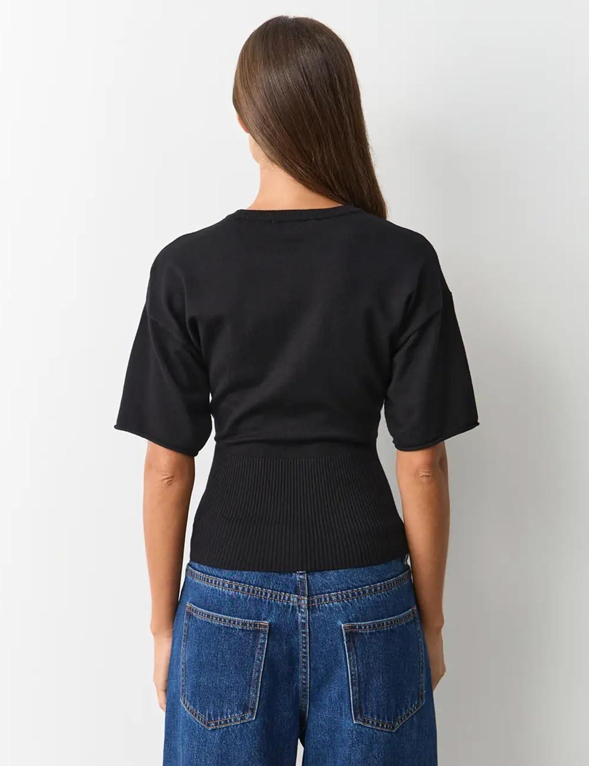 imageSpringrain Womens Short Sleeve Summer Knit Top Crewneck Rib Cinched Waist Pullover SweaterBlack