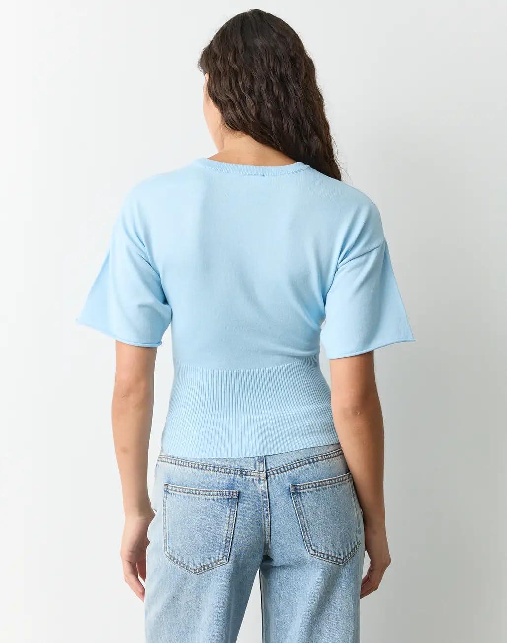 imageSpringrain Womens Short Sleeve Summer Knit Top Crewneck Rib Cinched Waist Pullover SweaterBlue