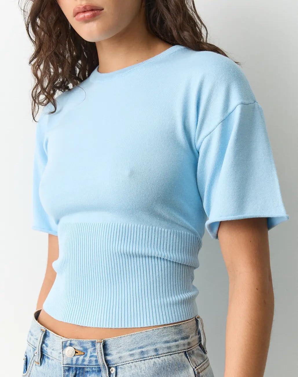 imageSpringrain Womens Short Sleeve Summer Knit Top Crewneck Rib Cinched Waist Pullover SweaterBlue