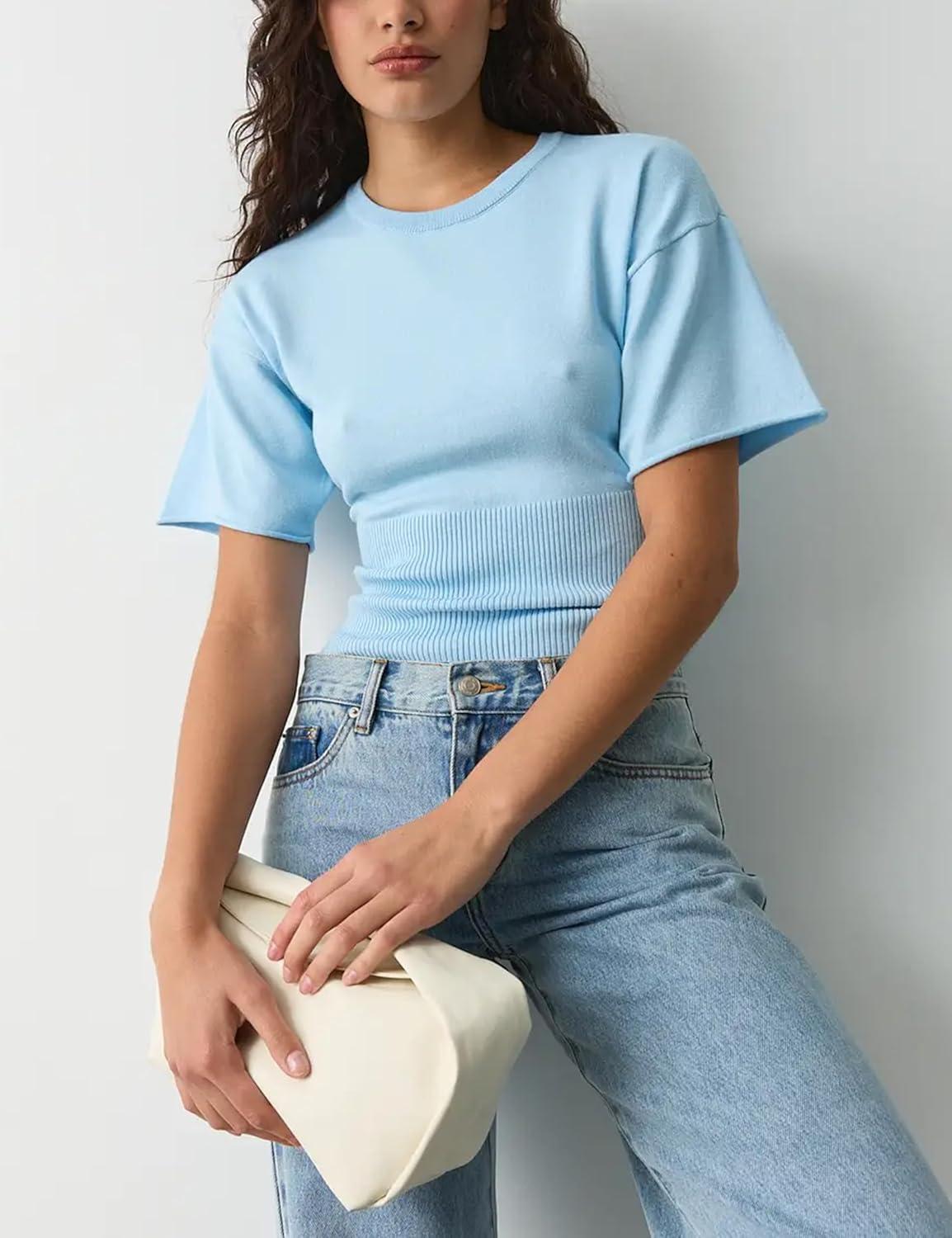 imageSpringrain Womens Short Sleeve Summer Knit Top Crewneck Rib Cinched Waist Pullover SweaterBlue