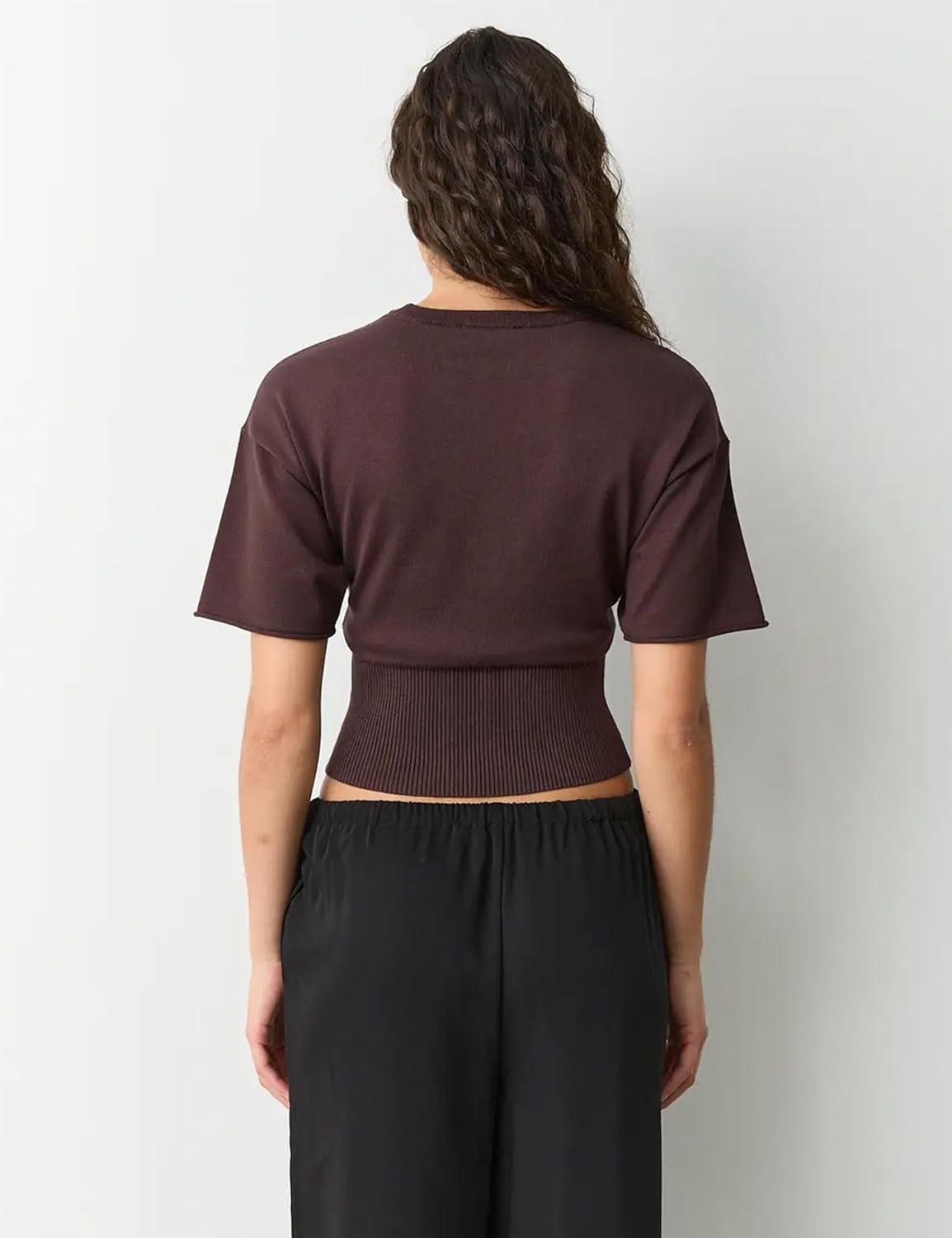 imageSpringrain Womens Short Sleeve Summer Knit Top Crewneck Rib Cinched Waist Pullover SweaterCoffee