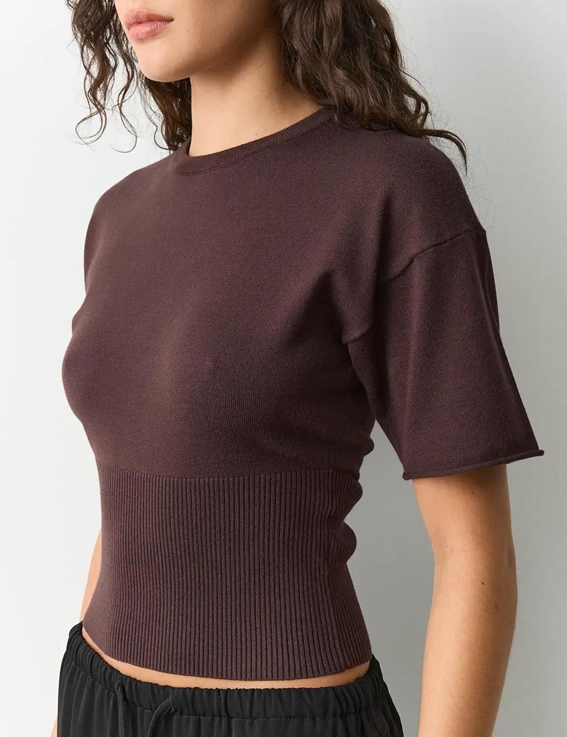imageSpringrain Womens Short Sleeve Summer Knit Top Crewneck Rib Cinched Waist Pullover SweaterCoffee
