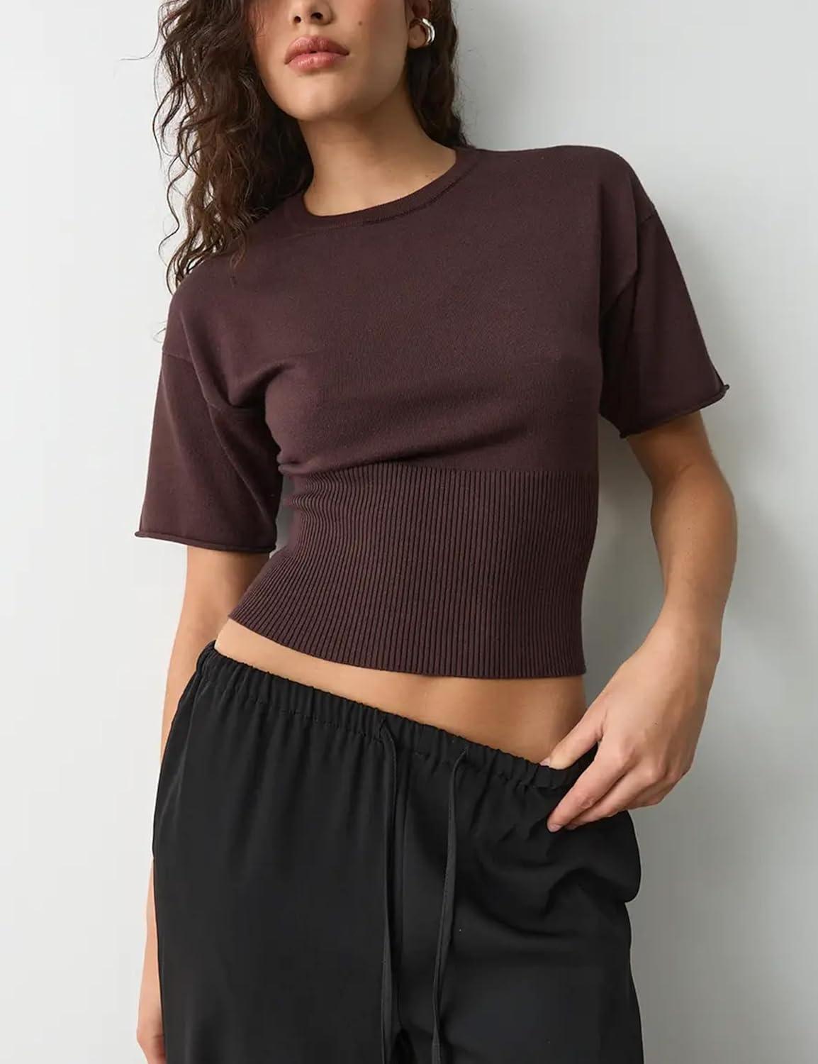 imageSpringrain Womens Short Sleeve Summer Knit Top Crewneck Rib Cinched Waist Pullover SweaterCoffee