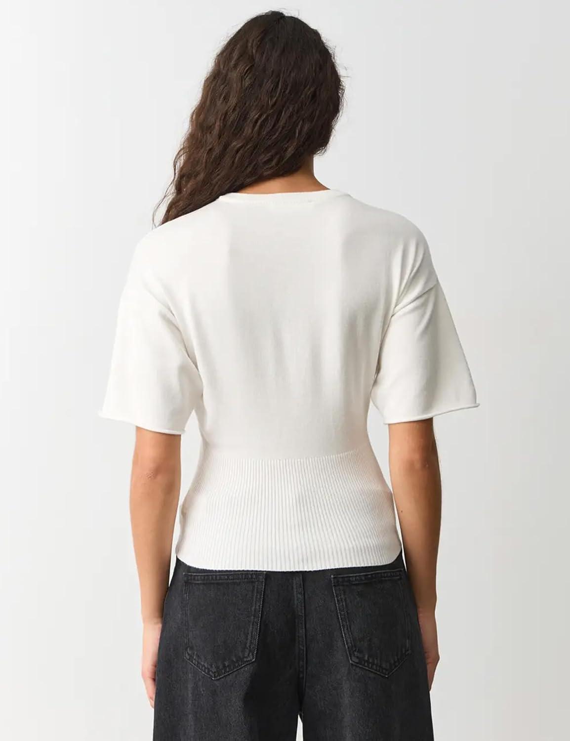 imageSpringrain Womens Short Sleeve Summer Knit Top Crewneck Rib Cinched Waist Pullover SweaterWhite