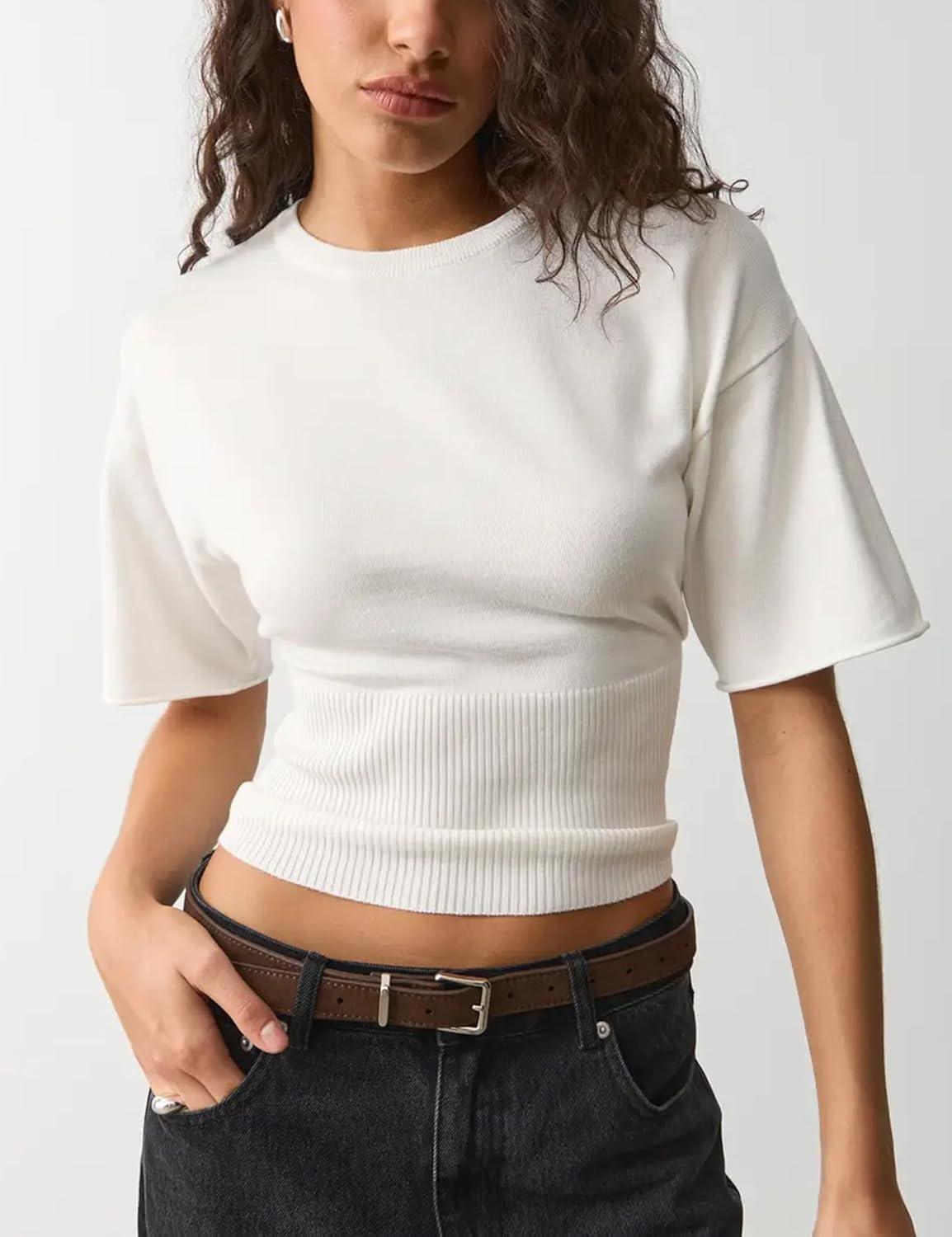 imageSpringrain Womens Short Sleeve Summer Knit Top Crewneck Rib Cinched Waist Pullover SweaterWhite