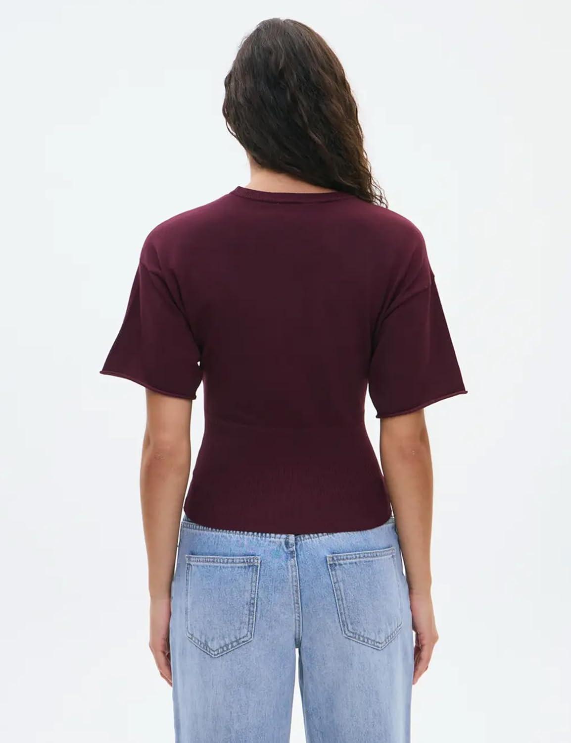 imageSpringrain Womens Short Sleeve Summer Knit Top Crewneck Rib Cinched Waist Pullover SweaterWinered