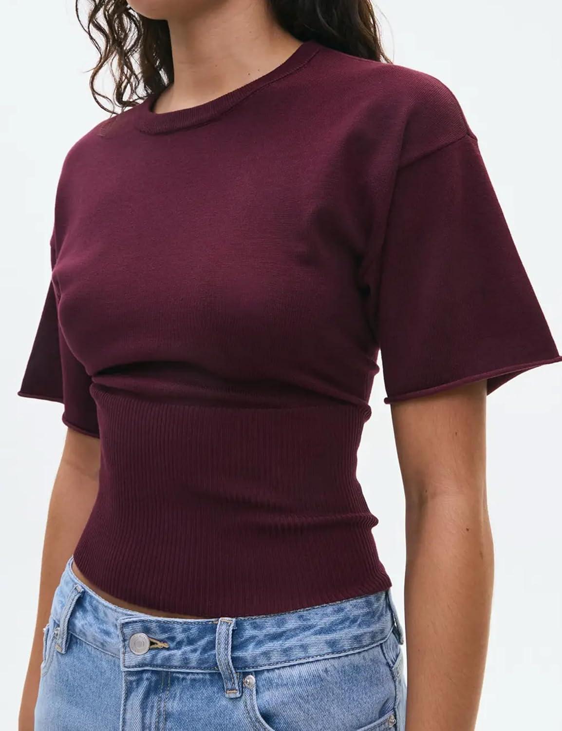 imageSpringrain Womens Short Sleeve Summer Knit Top Crewneck Rib Cinched Waist Pullover SweaterWinered
