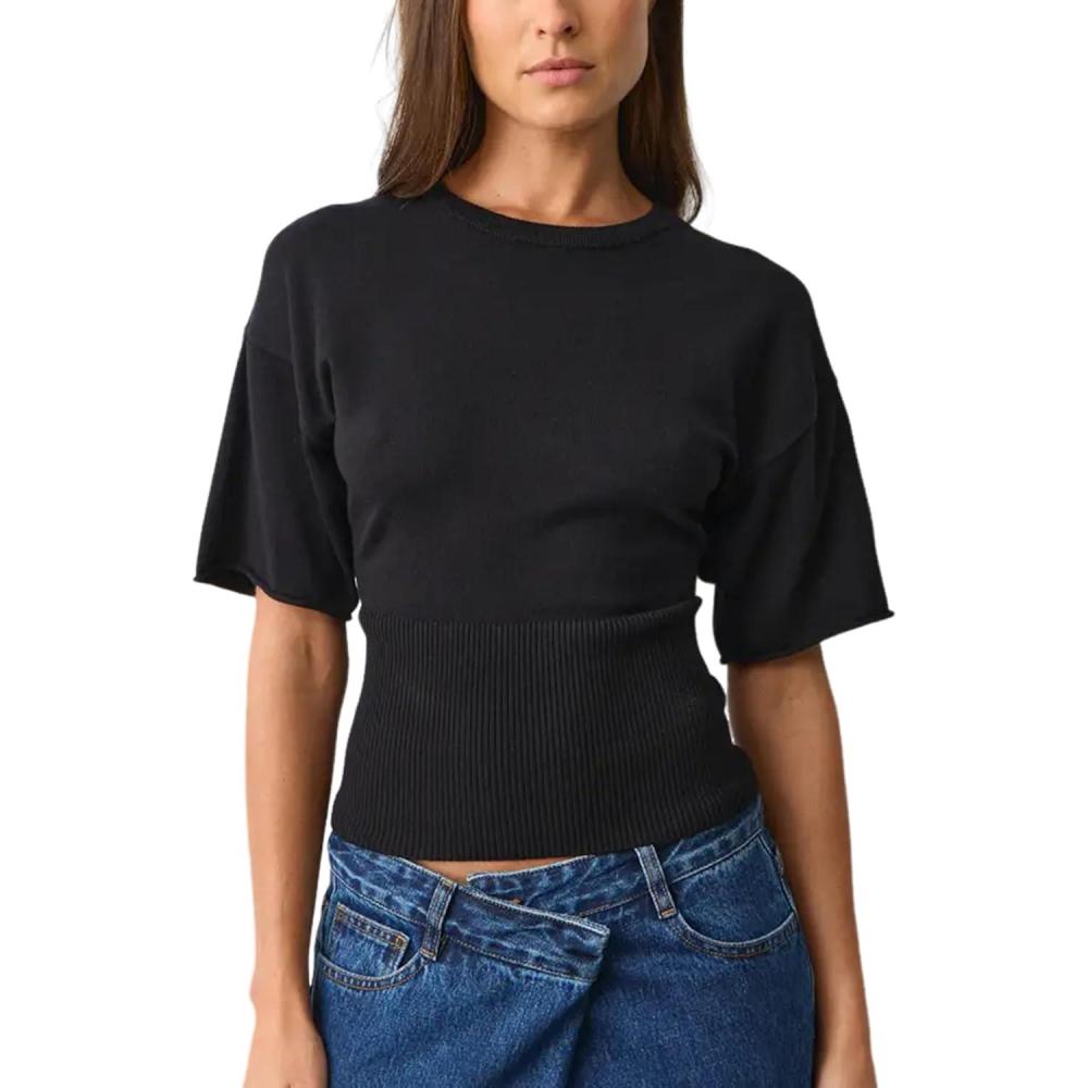 imageSpringrain Womens Short Sleeve Summer Knit Top Crewneck Rib Cinched Waist Pullover SweaterBlack