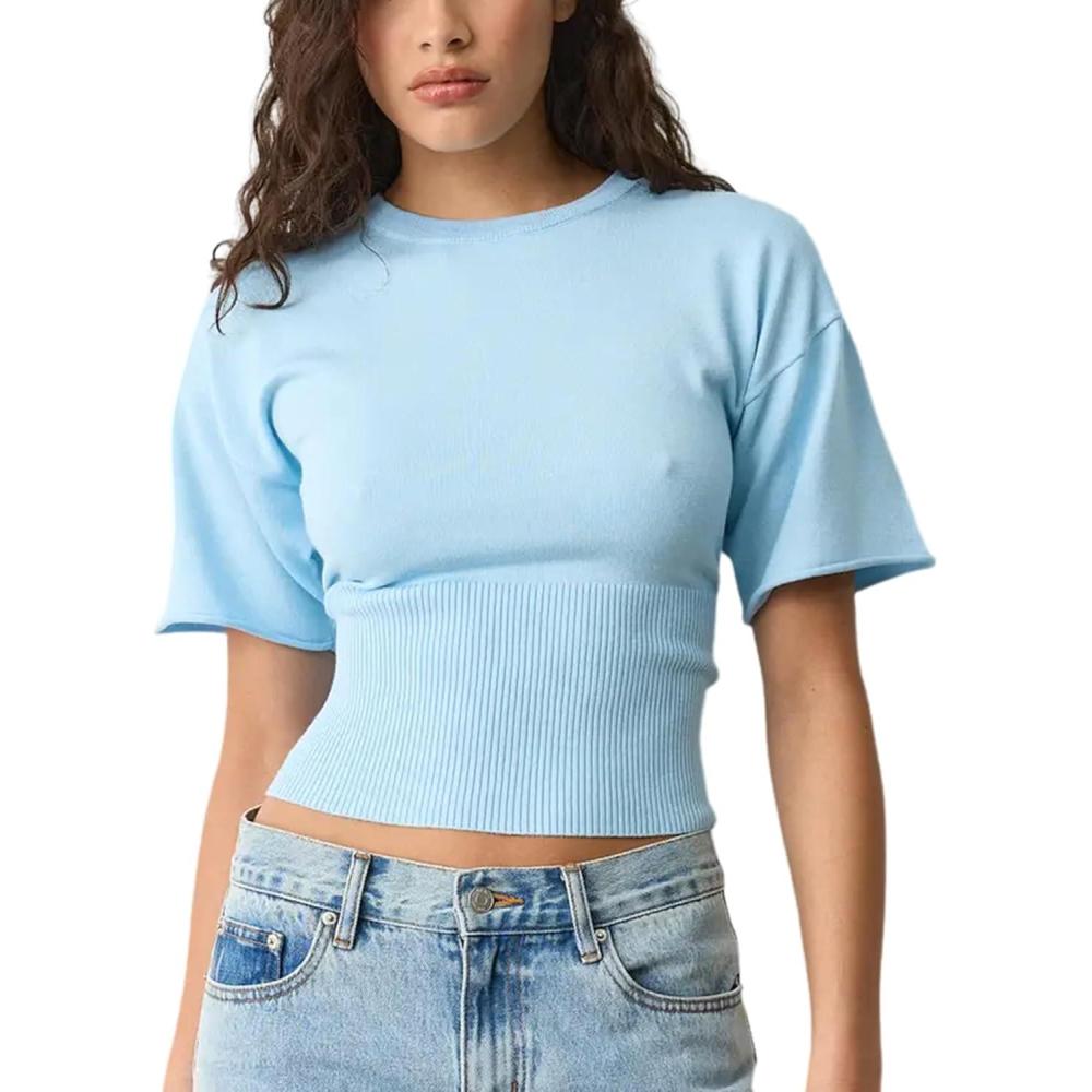 imageSpringrain Womens Short Sleeve Summer Knit Top Crewneck Rib Cinched Waist Pullover SweaterBlue