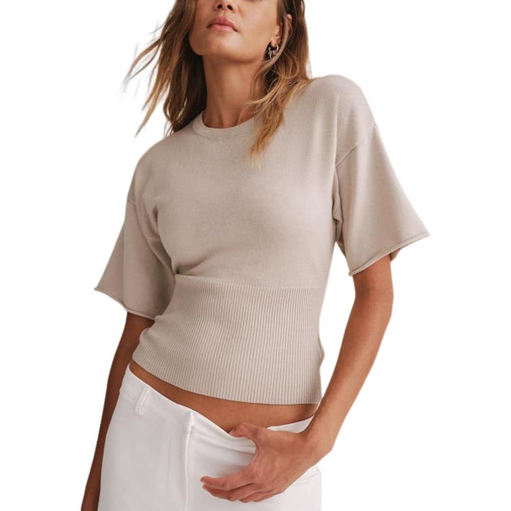 imageSpringrain Womens Short Sleeve Summer Knit Top Crewneck Rib Cinched Waist Pullover SweaterKhaki