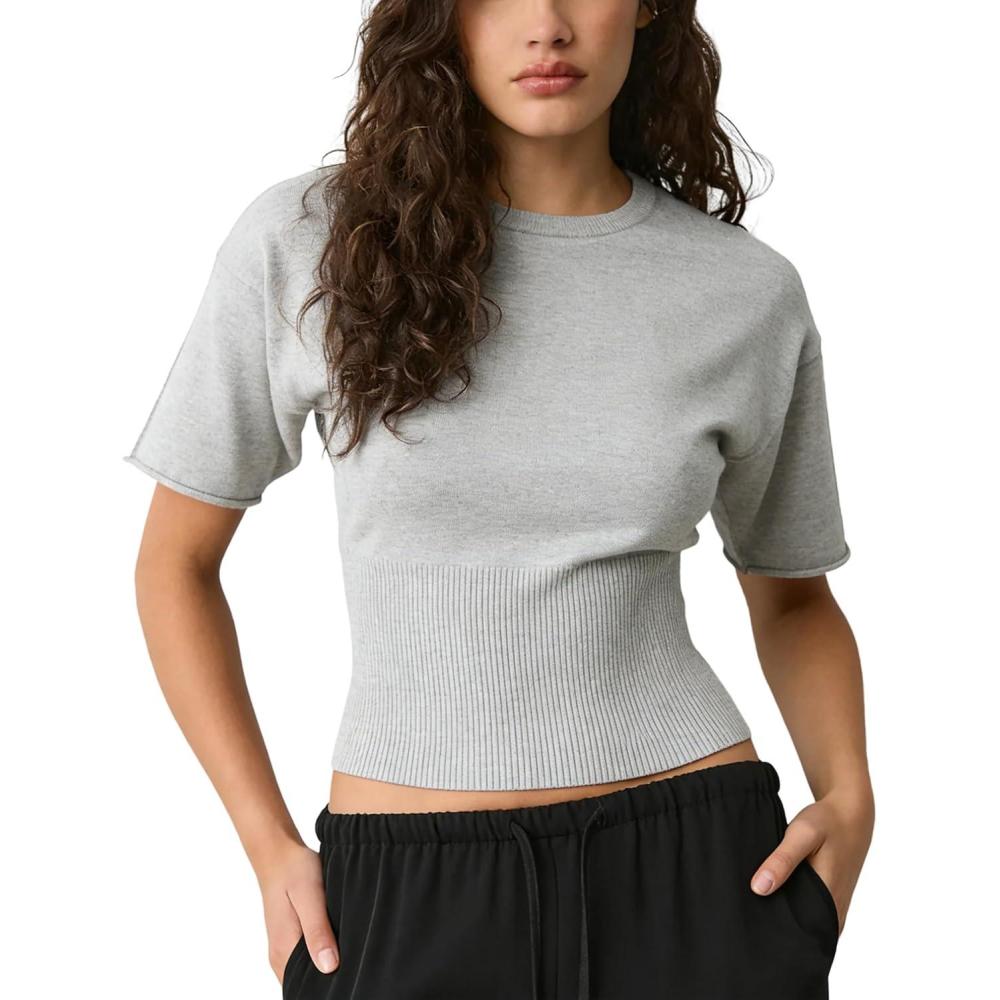 imageSpringrain Womens Short Sleeve Summer Knit Top Crewneck Rib Cinched Waist Pullover SweaterLightgrey