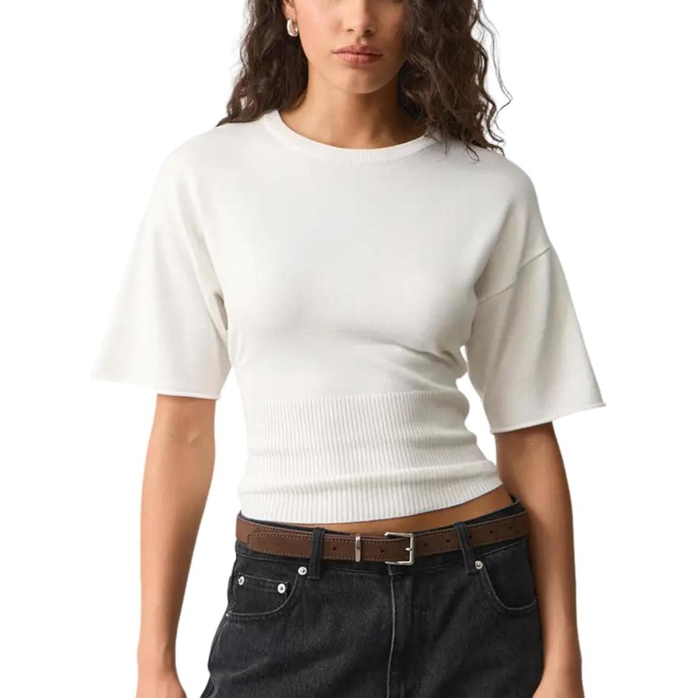 imageSpringrain Womens Short Sleeve Summer Knit Top Crewneck Rib Cinched Waist Pullover SweaterWhite